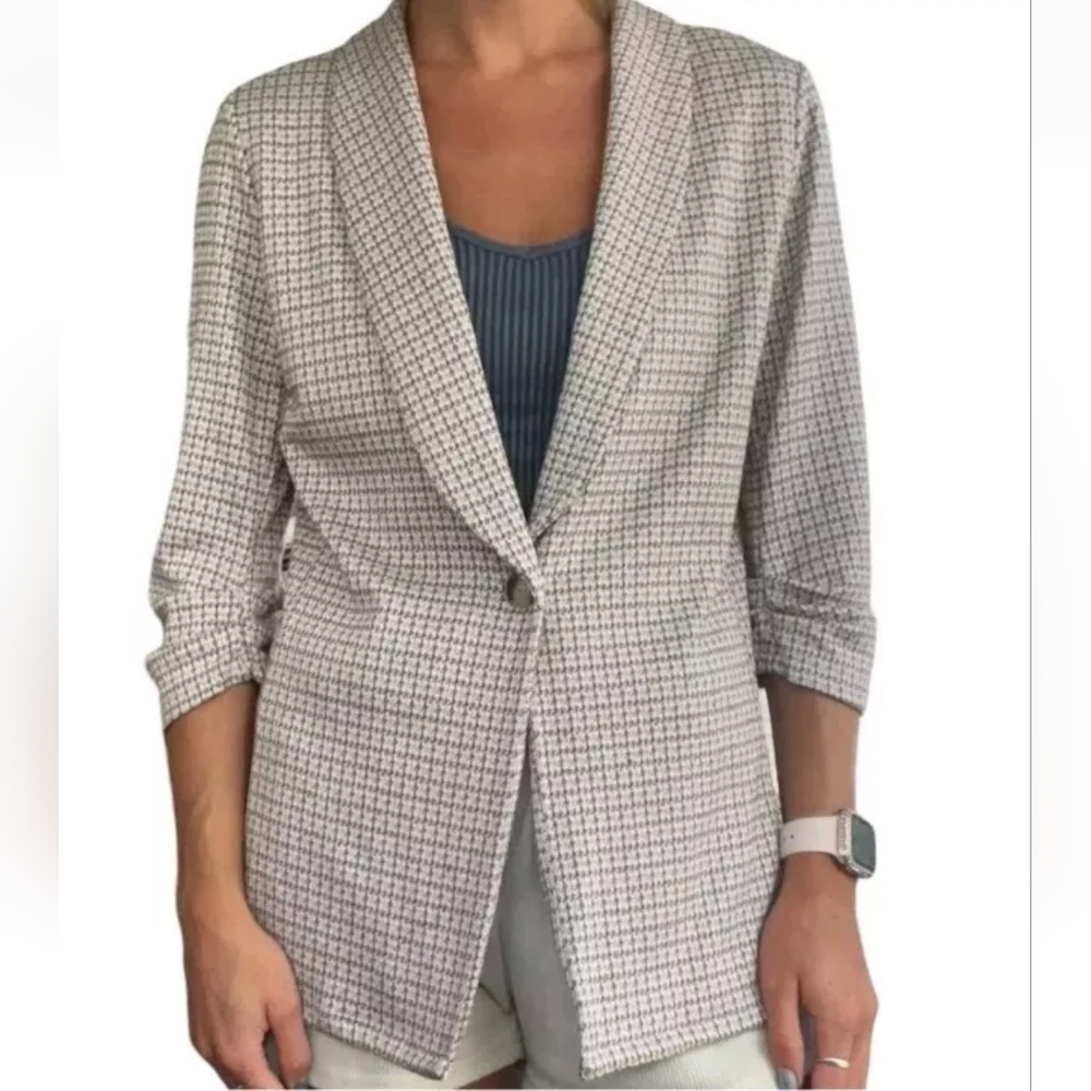 Altered State Blazer Jacket Woman M Stretch Knit Blue Herringbone Ruched Sleeve